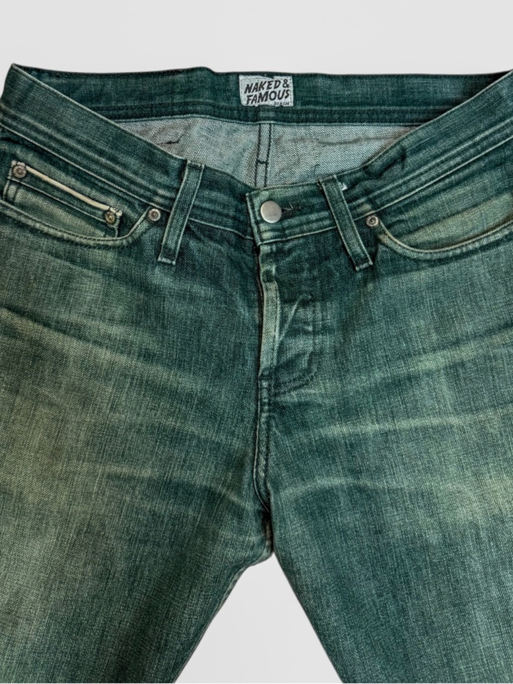 Naked & Famous Denim Jeans Green Blue Wash Button Fly Men’s